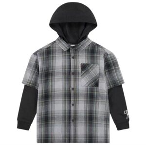 NWT Levi's Boy's‎ Hooded Plaid Button Up Shirt Black & Gray Size Medium